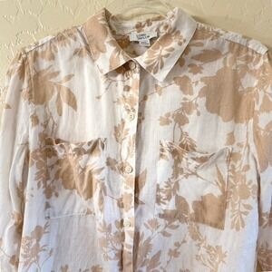 Lord Taylor Womens Linen Floral Print Long Sleeve‎ Button Down Shirt,Tan,M